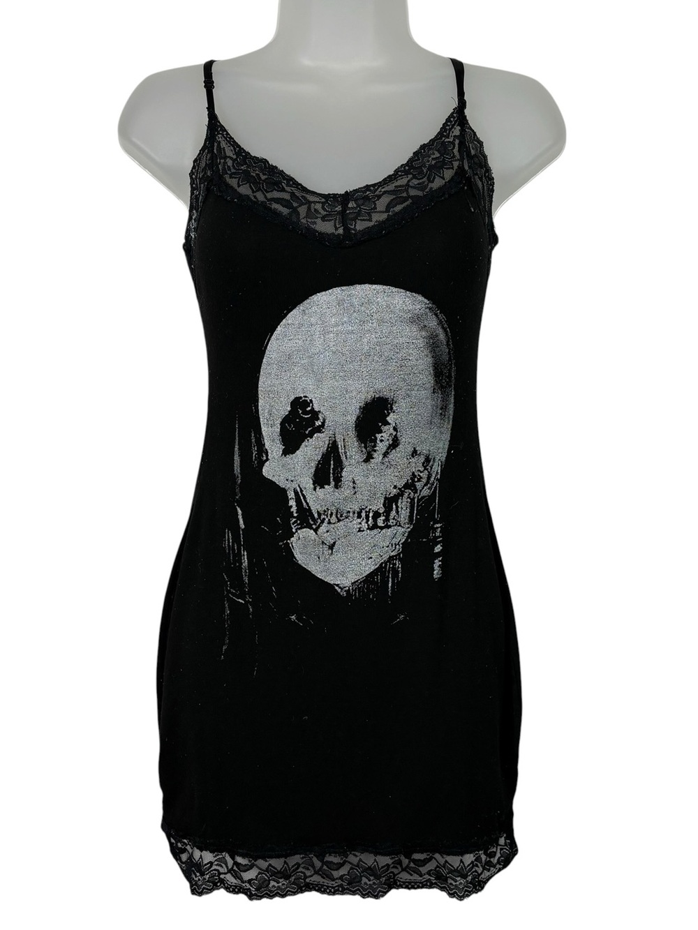 Black Lace Trim White Skull Fitted Camisole Tank Mini Whimsigoth Scene Kid M Y2K